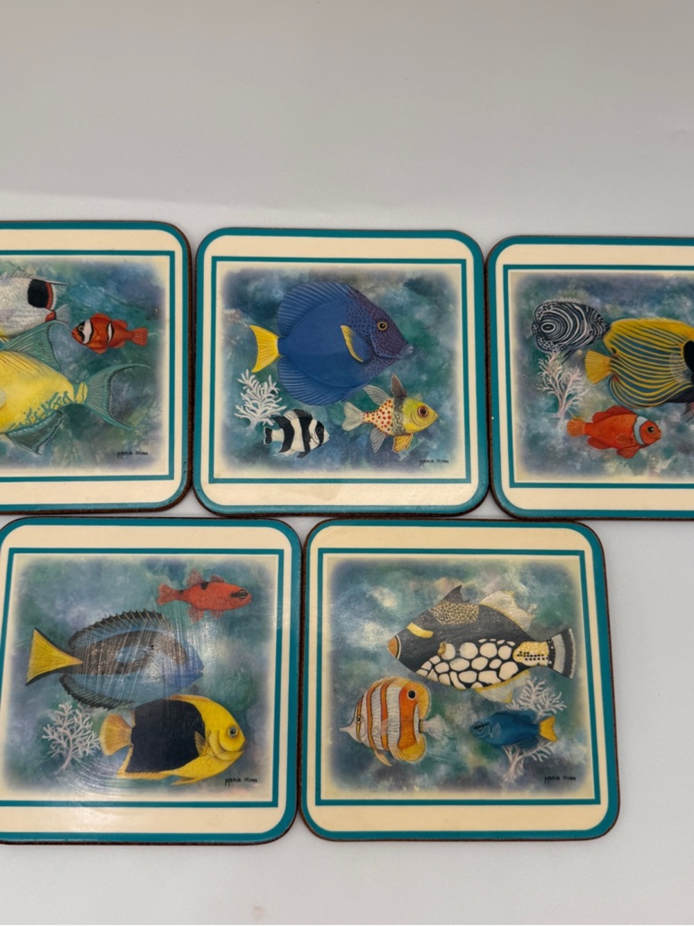 Set of 5 Pimpernel Cork Back Coasters Tropical Fish By Maria Ryan From England
